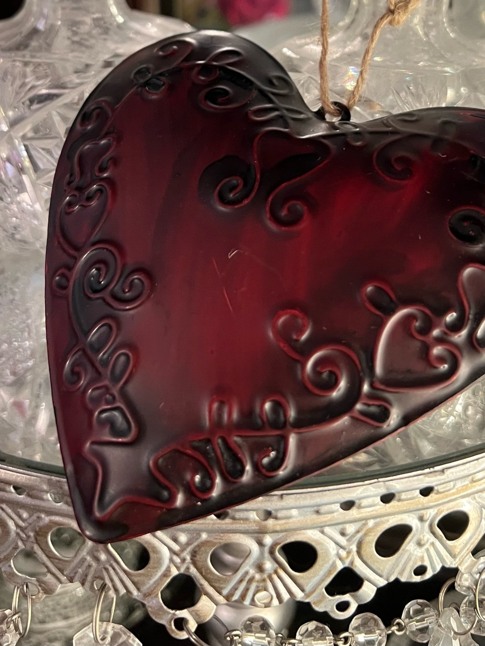 NEW Metal Dark Red Puff Heart Hanging Ornament elegant Victorian Goth embossed